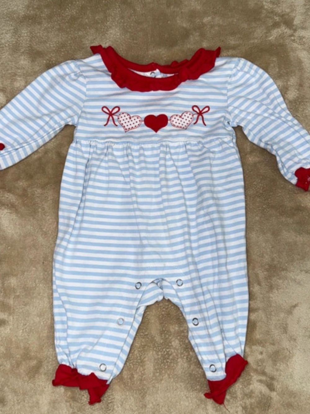 Jelly Beans Light Blue & White Striped One-Piece with Red Heart Details